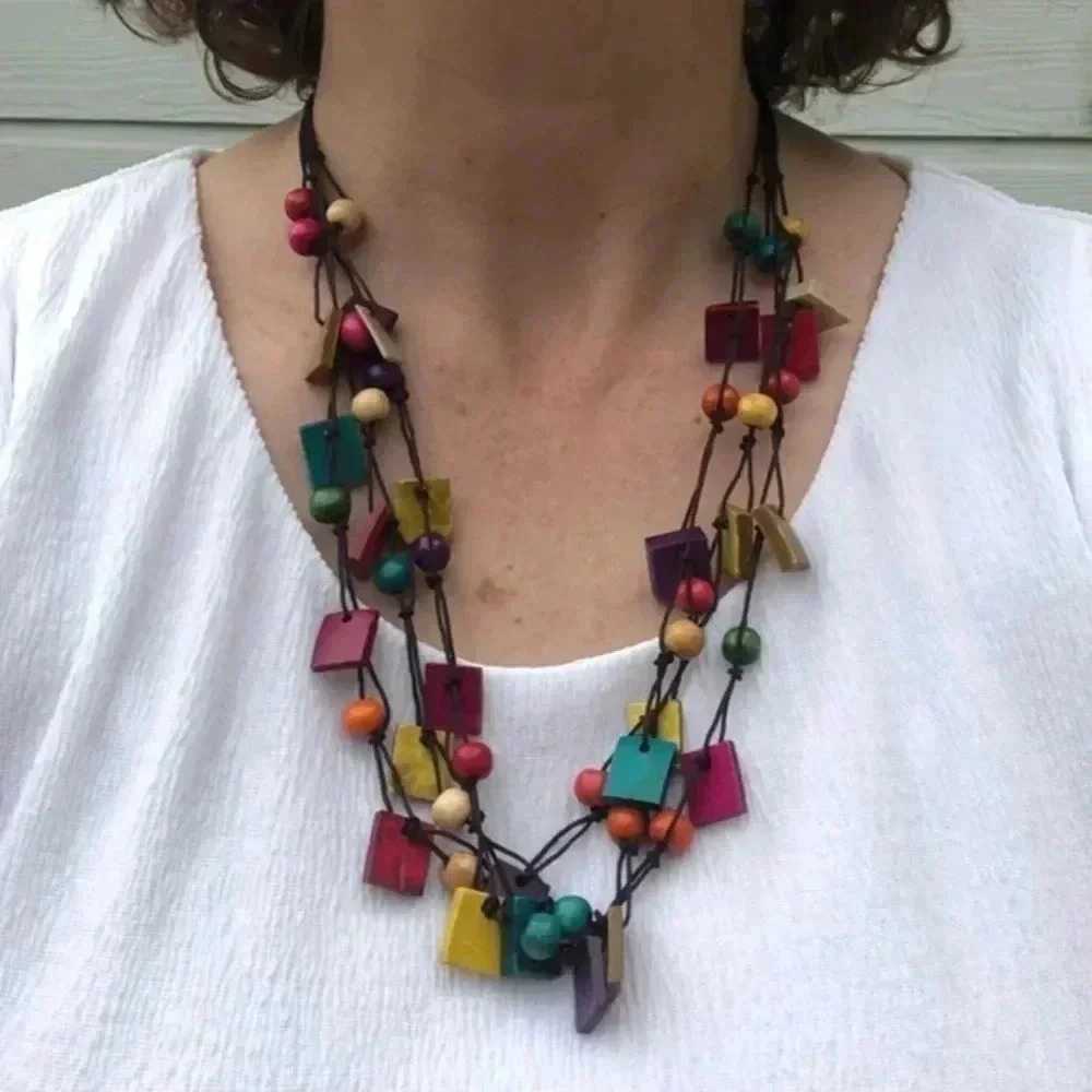 Gorgeous Handmade Multicolor Square & Ball Wooden Beaded Statement Necklace NWT - Picture 2 of 4